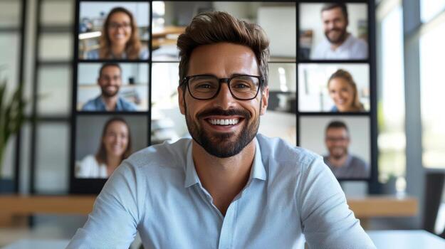 A man with glasses and a beard is smiling in front of a group of people photo