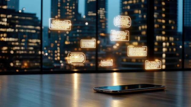 Smartphone with glowing text on the screen and cityscape background photo