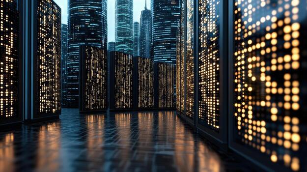 un fila de datos almacenamiento bastidores en un oscuro habitación foto