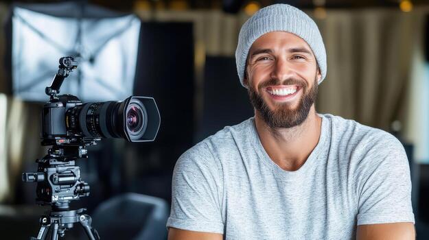 A man with a beard and beanie is smiling while holding a camera photo