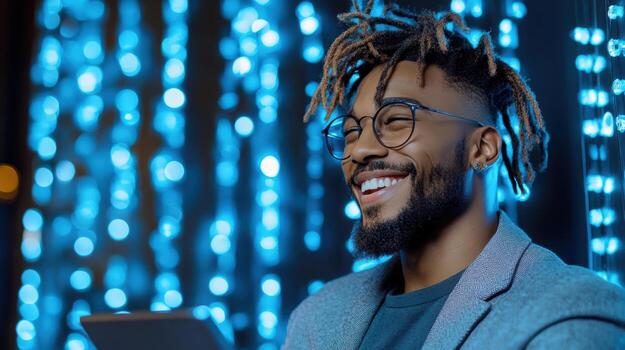 A man with dreadlocks and glasses is smiling while holding a tablet photo