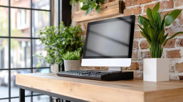 A computer monitor sits on a wooden desk next to a plant photo