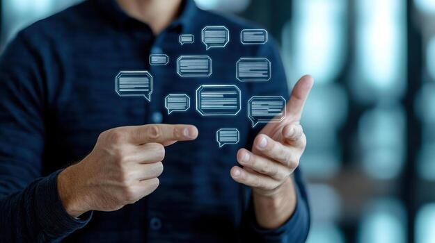 Man using social media icons on his smartphone photo