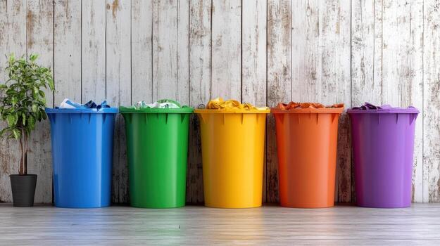 A row of colorful trash cans in front of a wooden wall photo
