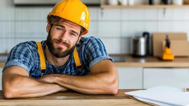 A man in a hard hat sitting at a table with his arms crossed photo