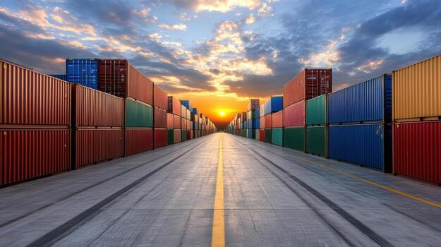 A long road with many containers in the middle of it photo