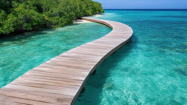A wooden walkway that is going into the ocean photo