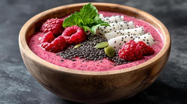 A bowl of raspberry smoothie with chia seeds and mint photo