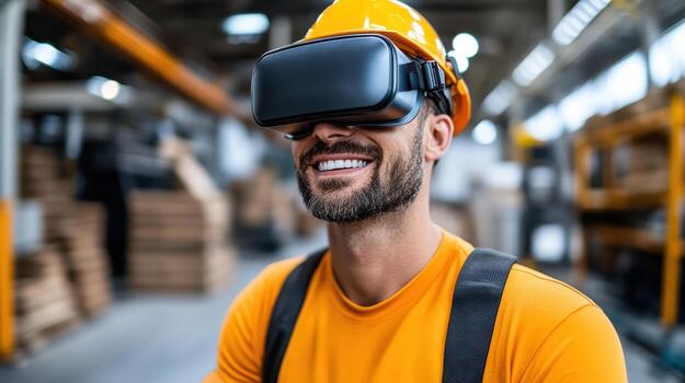 A smiling man wearing a hard hat and vr headset photo