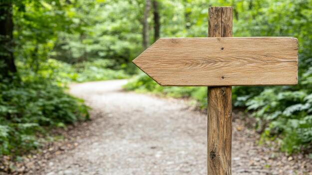 A wooden sign pointing in the direction of a path photo
