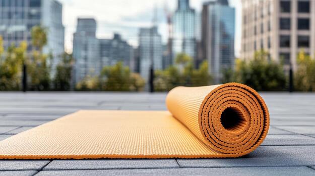 A yoga mat on the ground with cityscape in the background photo