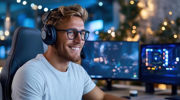 A man wearing headphones and a headset is sitting in front of a computer screen photo