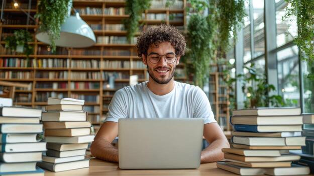 A smiling man sitting in front of a laptop with books photo