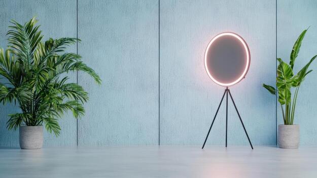 A lamp with a round shape in front of a wall photo