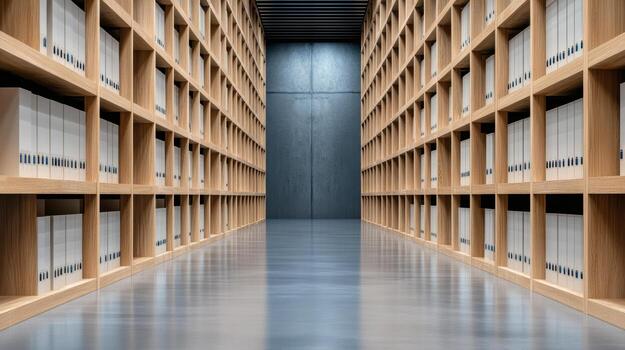 An empty room with rows of books on shelves photo