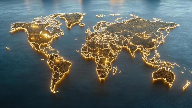 The world map is shown in gold on a dark background photo