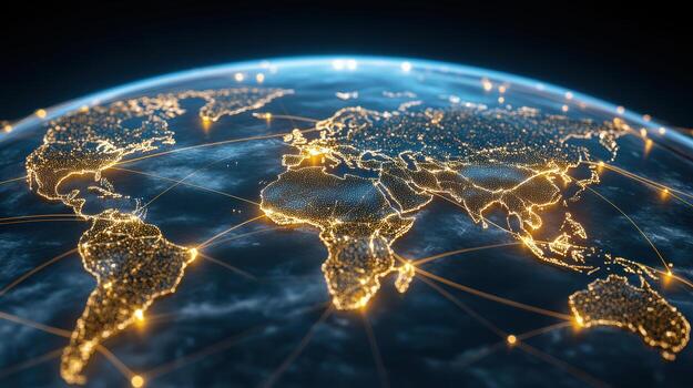 World map with network lines and lights 3d image photo