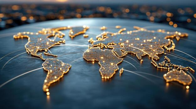 World map with lights on it, 3d rendering photo