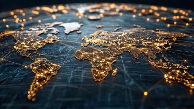 World map with network connections and lights 3d rendering stock photo