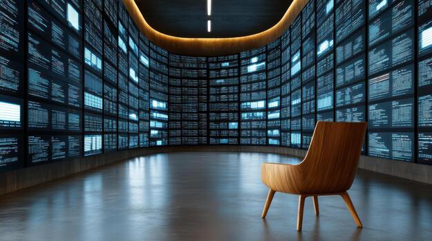 A chair in front of a wall of screens photo
