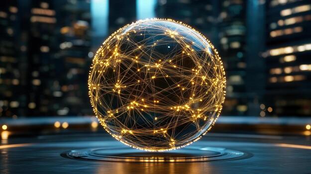 A glowing sphere with a network of lights photo