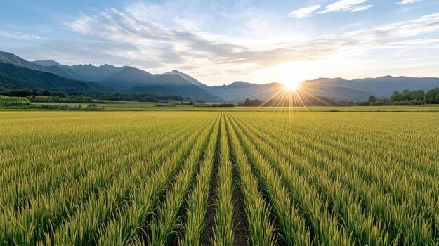 A field of green rice with mountains in the background photo