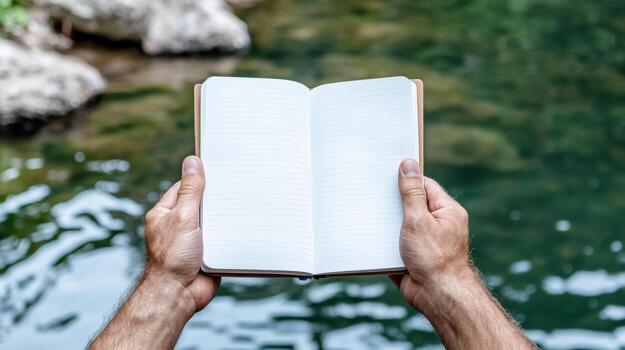 A person holding an open notebook by a river photo
