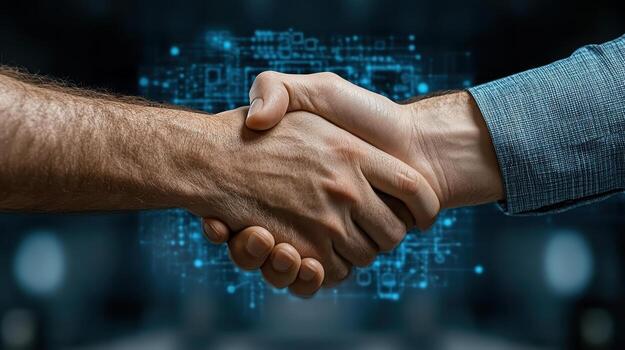 Two people shaking hands over a digital background photo