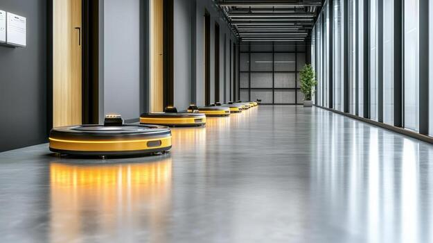 A row of robotic vacuum cleaners in a hallway photo