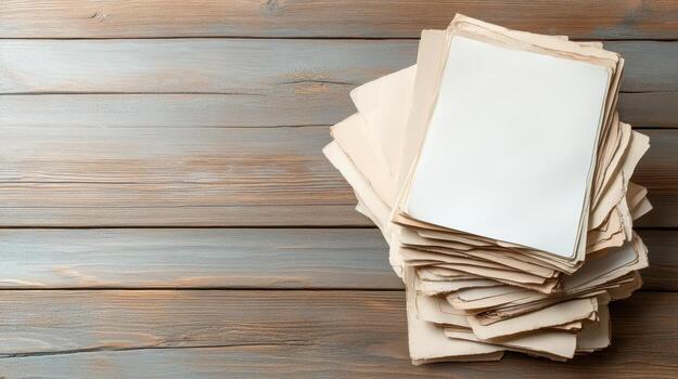 Stack of blank paper on wooden table photo