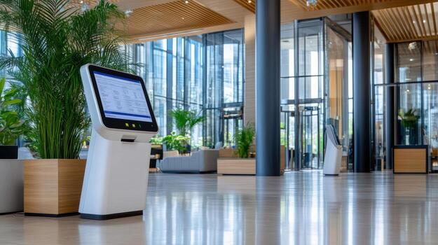 A large lobby with a large screen and a computer photo