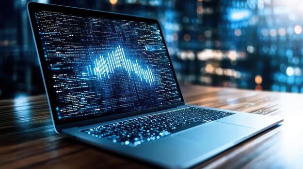 Laptop with binary code on screen photo