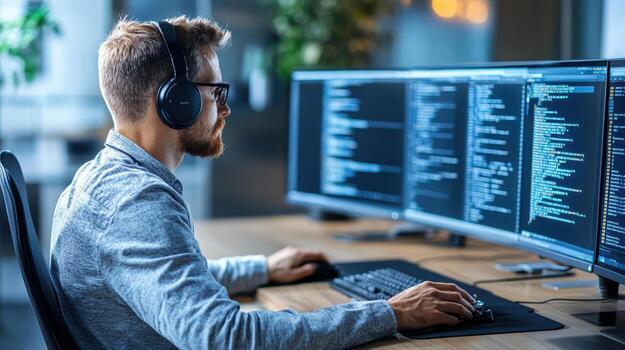 A man wearing headphones is working on two computer screens photo