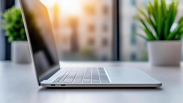 un ordenador portátil computadora sentado en un escritorio con un planta en frente de eso foto