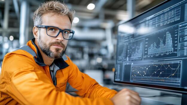 A man in an orange shirt and glasses is looking at a computer screen photo