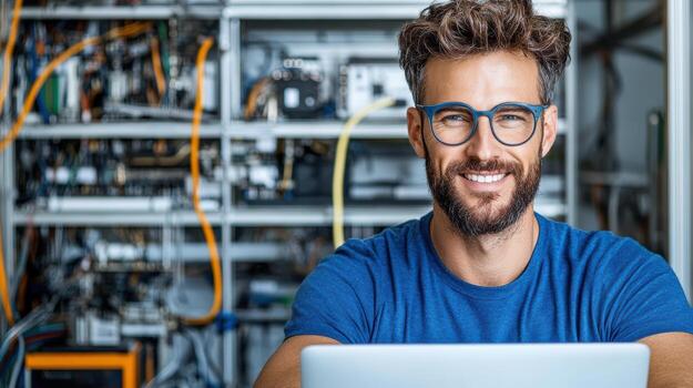 A man with glasses and a blue shirt is smiling while using a laptop photo