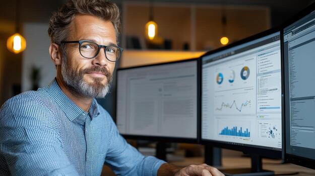 A man in glasses sitting at a desk with two monitors photo