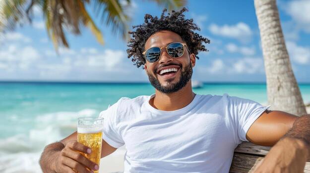 A man with a beer on the beach photo