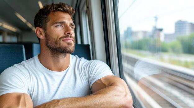 A man is sitting on a train looking out the window photo