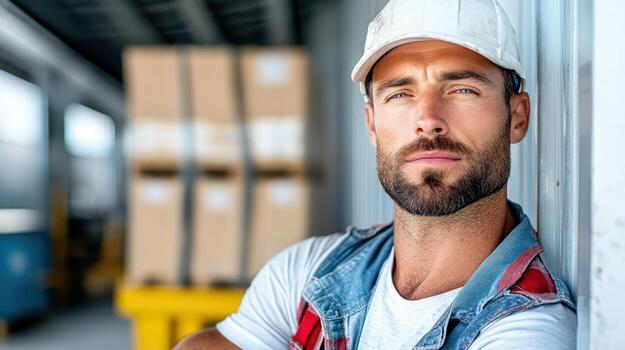 A man in a white hat and vest standing in front of a warehouse photo