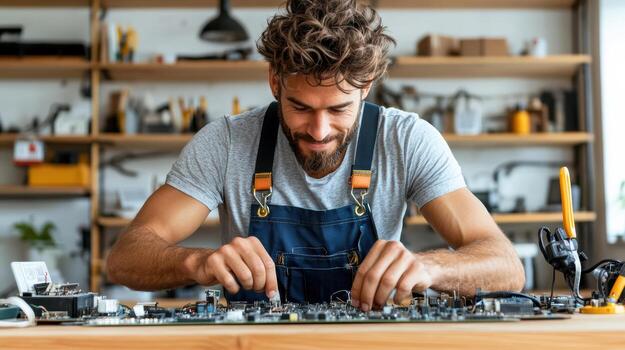 A man working on a computer in his workshop photo