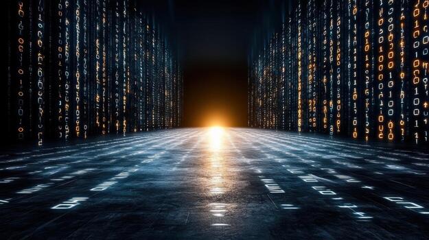 A dark tunnel with binary code on the walls photo