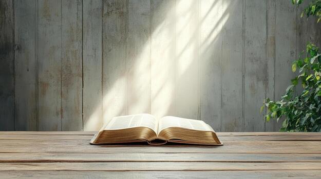 An open bible on a wooden table in front of a wall with a green plant photo