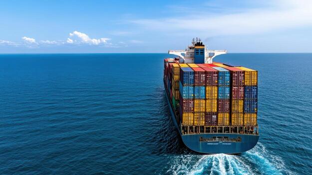 A container ship is traveling across the ocean photo
