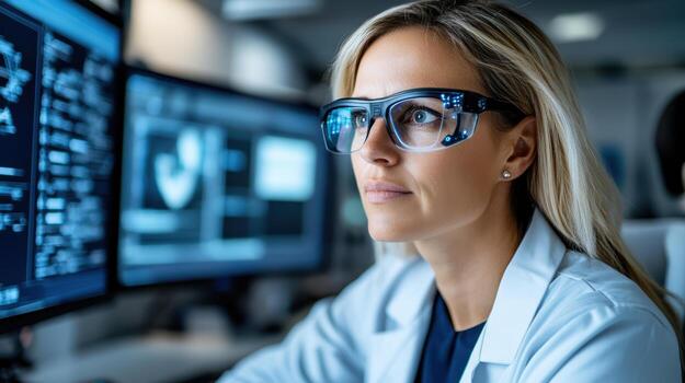 A woman in lab coat and glasses looking at computer screen photo