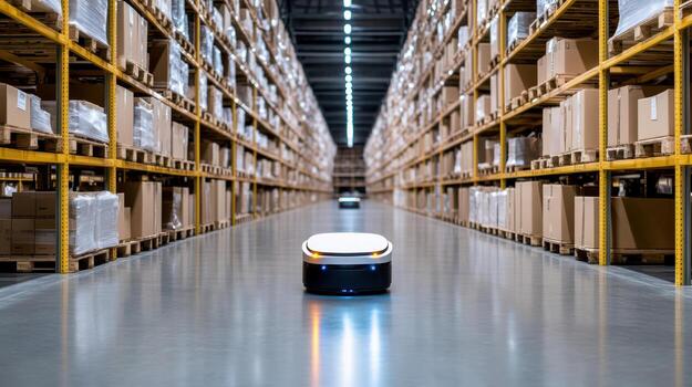 A robot is walking down a warehouse aisle photo