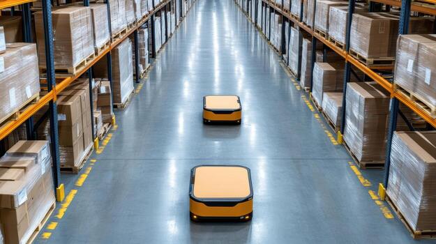 A warehouse with two yellow robots on the floor photo