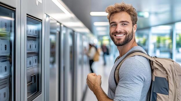 A man with a backpack is standing in front of a locker photo