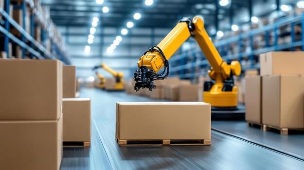 A robotic arm moving boxes in a warehouse photo