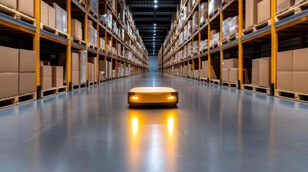 A robot is driving down a warehouse aisle photo